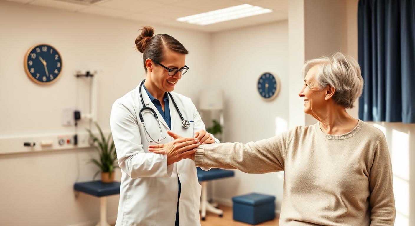 A photo of a female doctor diagnosing an old lady